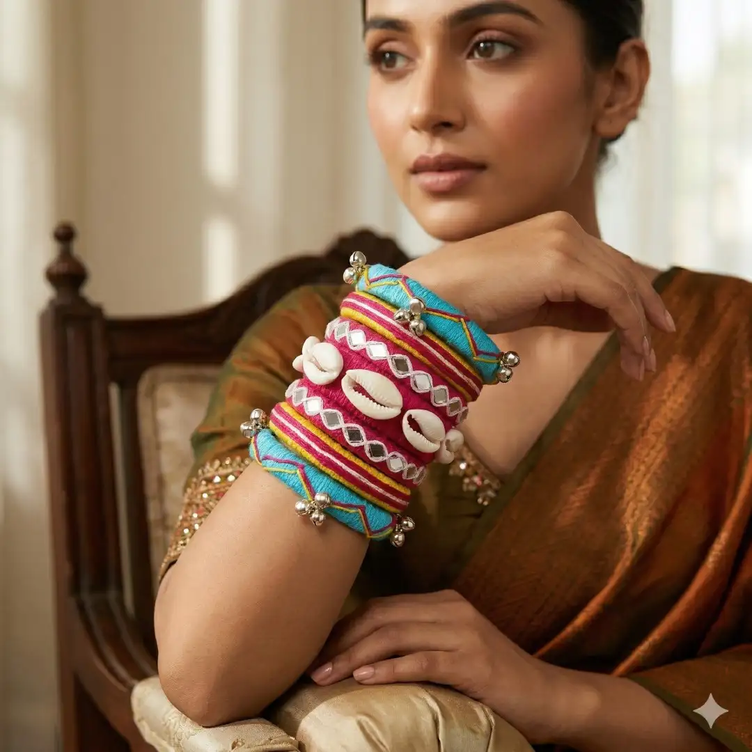 Intricate detail of turquoise and magenta silk thread bangles with hanging silver ghungroo bells and white cowrie shells.