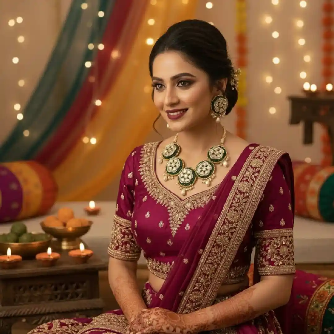 Model wearing the handcrafted bottle green fabric kundan necklace and earring set from Itsy Bitzy Kolkata, elegantly paired with a magenta embroidered lehenga in a warm festive setting.