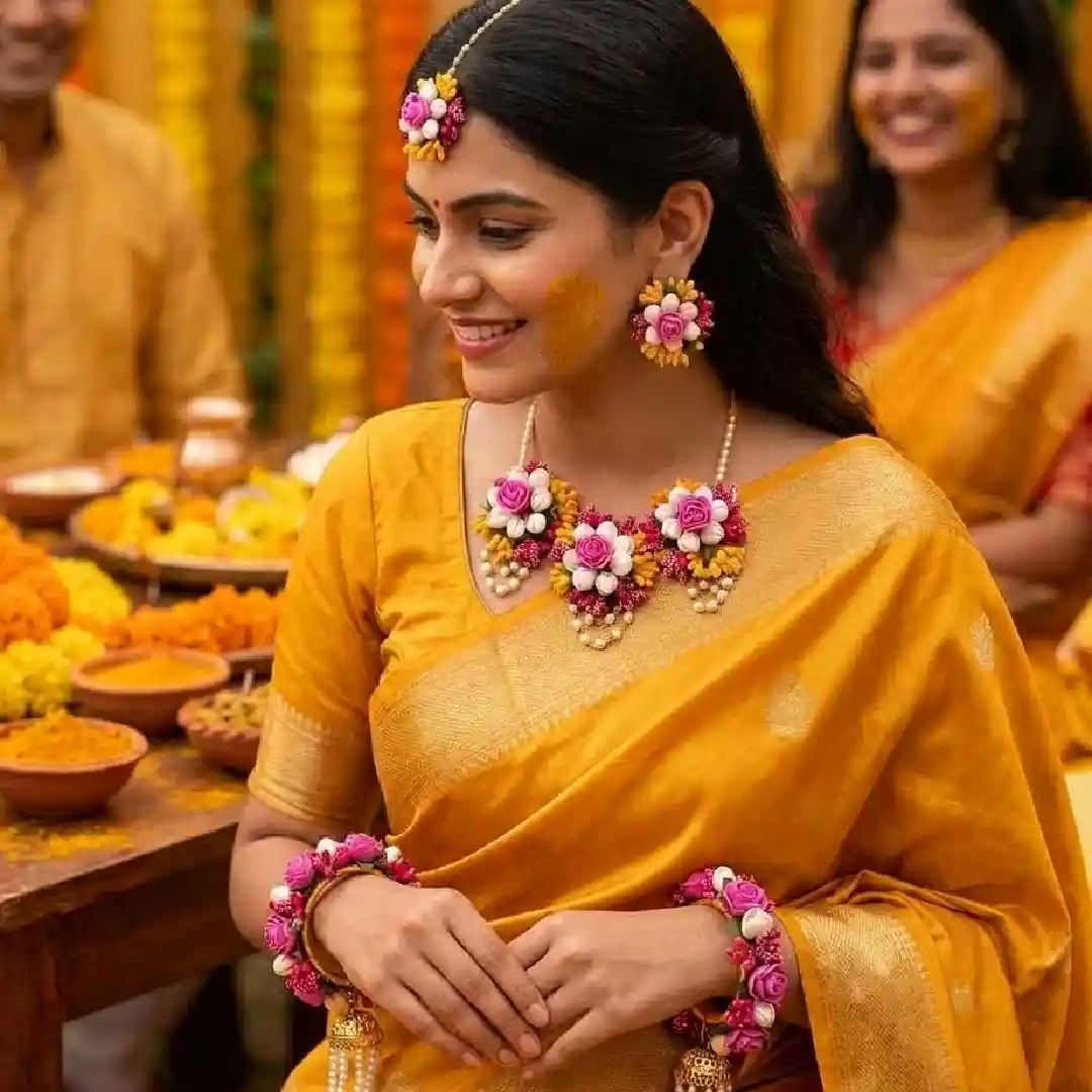 Lifestyle shot of an Indian bride in a yellow and white saree wearing Itsy Bitsy Kolkata's pink and yellow floral jewelry set, including a necklace, earrings, maang tikka, and bangles, set against a festive Haldi ceremony background with marigolds.
