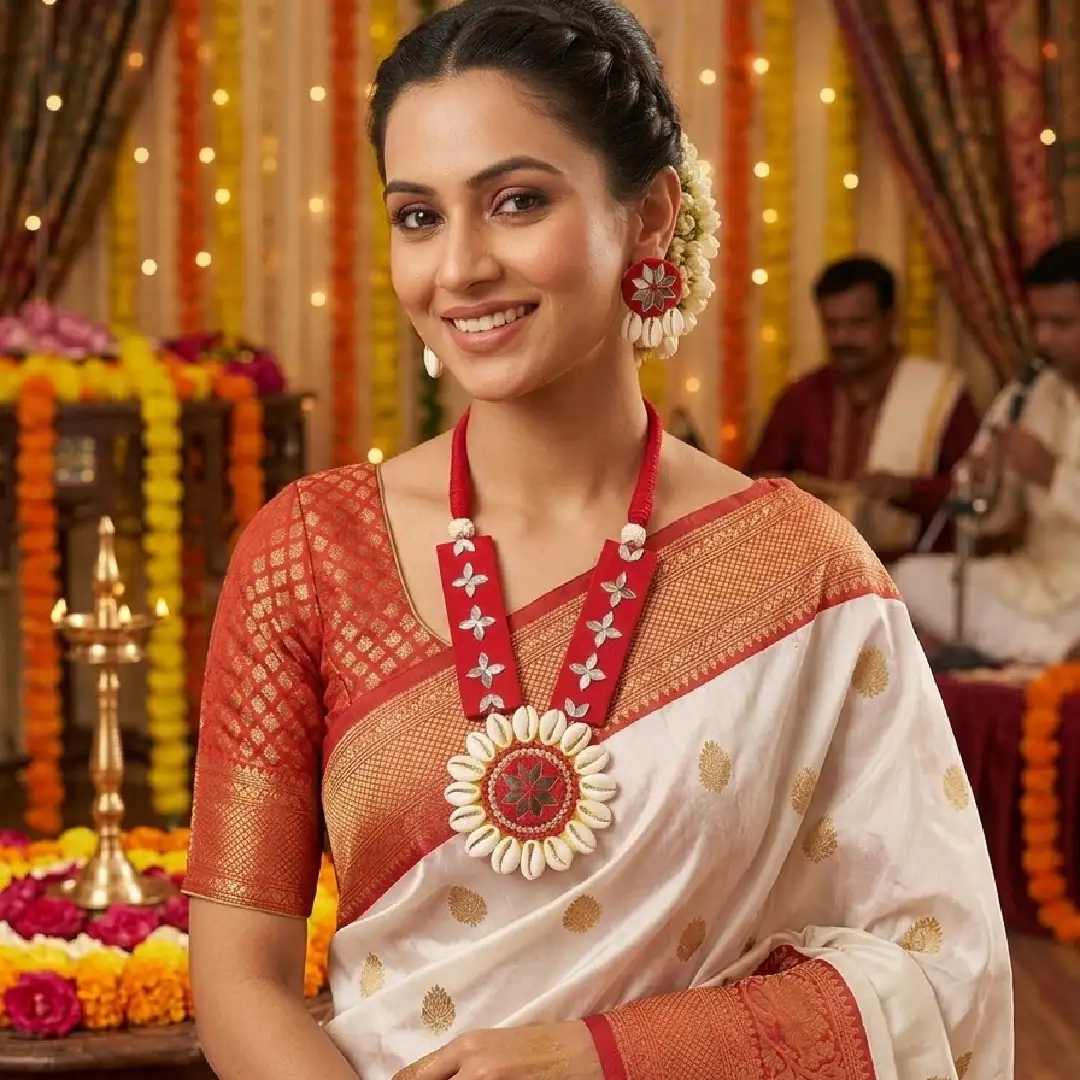A model elegantly styled in a traditional white and red silk saree, wearing a handcrafted red fabric necklace and earring set with cowrie shells and mirror work from Itsy Bitzy Kolkata, set against a festive background with marigolds and lights