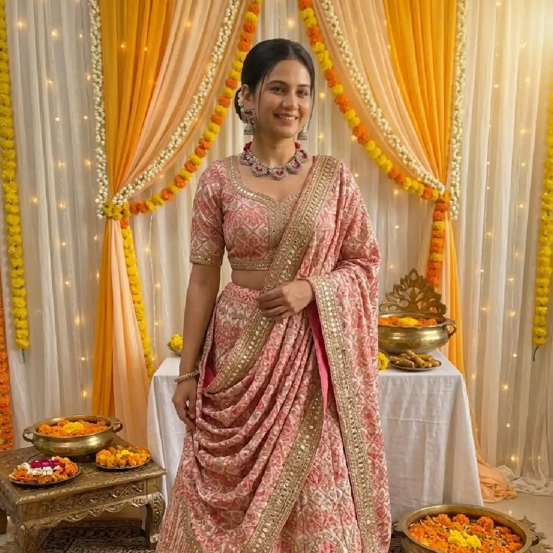 Model showcasing a handcrafted red fabric mirror-work choker and jhumka set by Itsy Bitsy Kolkata, styled with a patterned pink lehenga in a festive Haldi or Mehndi ceremony backdrop.