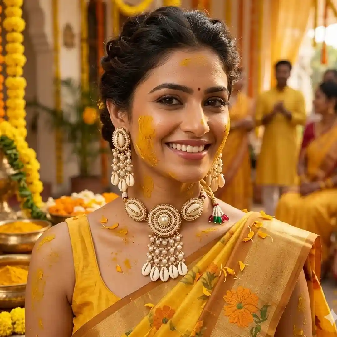 A smiling model at a Haldi ceremony wearing a handcrafted white cowrie shell and pearl choker and earring set from Itsy Bitzy Kolkata, styled with a yellow floral silk saree.