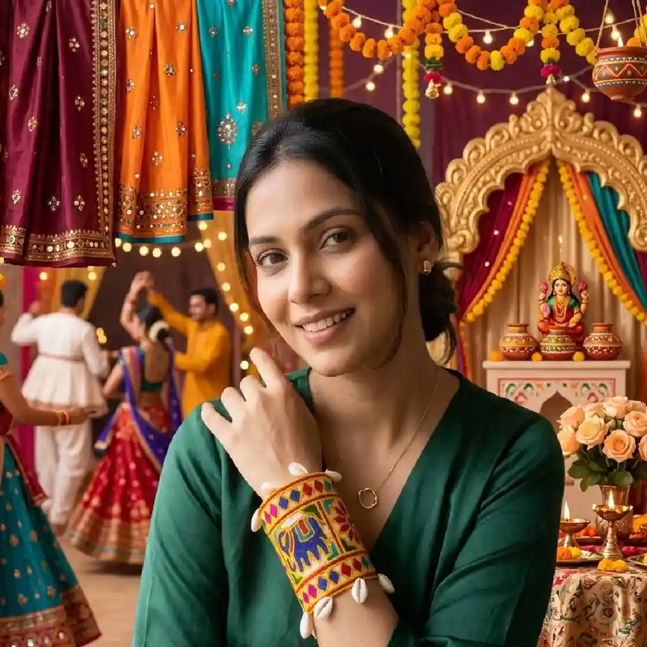 A professional square ratio model photograph for Itsy Bitsy Kolkata featuring a woman's hand adorned with a handcrafted yellow fabric cuff. The cuff showcases a vibrant blue embroidered elephant motif and geometric patterns, finished with white cowrie shells, set against a festive Navratri background.