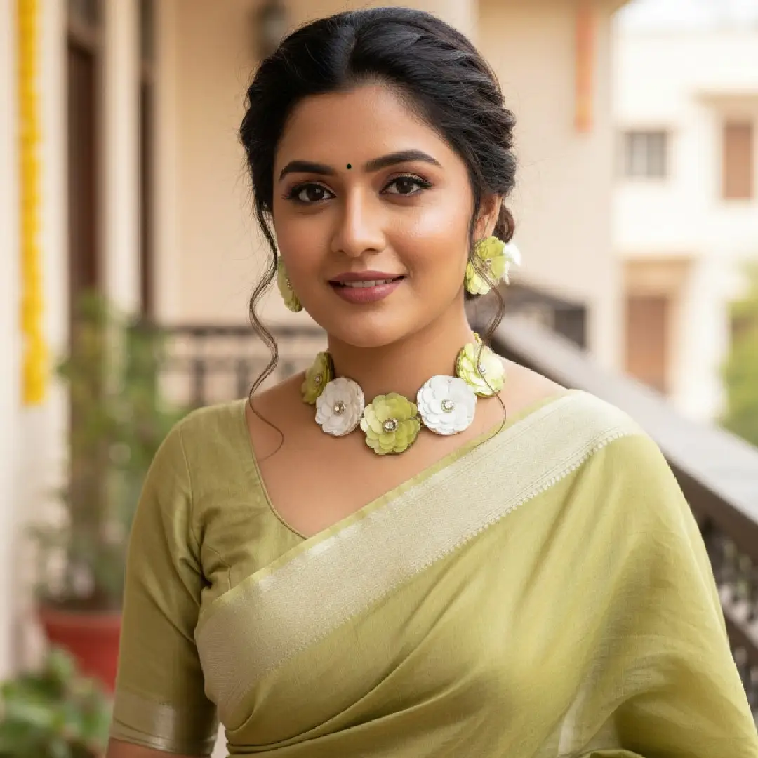 A model wearing a handcrafted choker necklace made of olive green and white fabric flowers with stone centers, paired with a matching green saree and floral earrings.