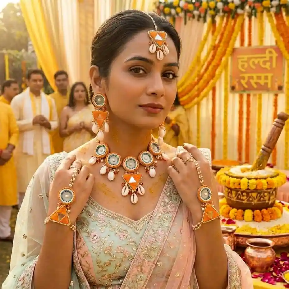 A model wearing a stunning pastel-shaded lehenga styling a complete handcrafted jewelry set with orange thread-work, teal accents, and cowrie shells, set against a festive Haldi ceremony background decorated with yellow marigold flowers.
