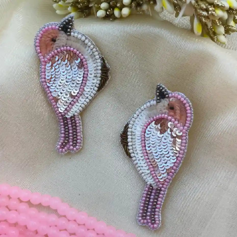 Handmade blush pink and silver sequined bird earrings with intricate beadwork – Itsy Bitsy Kolkata