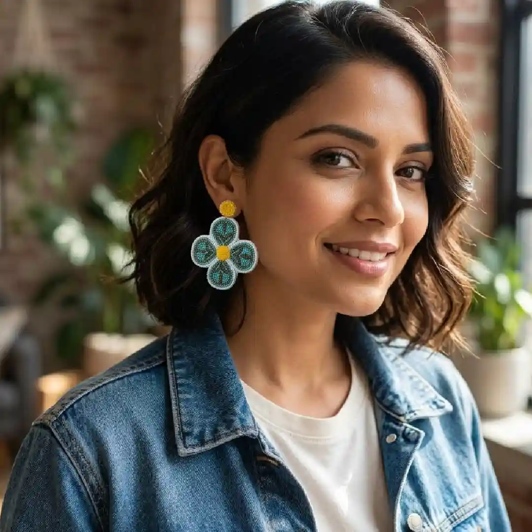 Model wearing turquoise floral seed beaded earrings with a classic blue denim jacket by Itsy Bitsy Kolkata