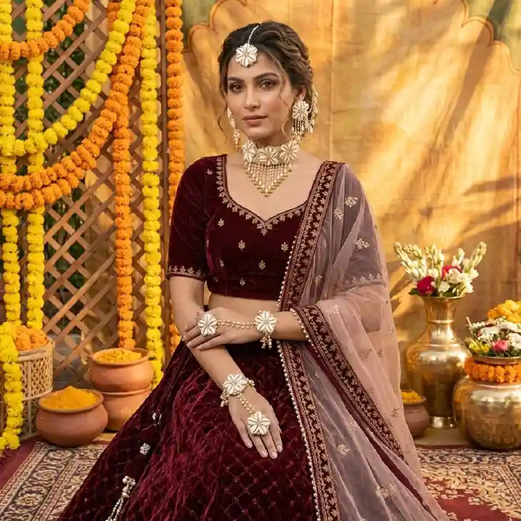 A professional bridal model wearing a rich maroon velvet lehenga and dupatta, styled with ItsyBitsy Kolkata's complete cream cowrie shell floral jewellery set—including a thick choker, earrings with sahare, maangtika, and haathphools on both hands—set against a traditional Haldi background.