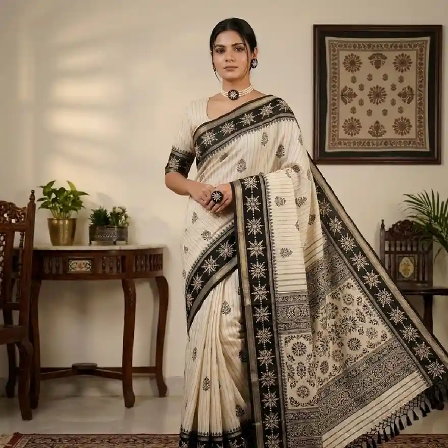 A model wearing an off-white and black cotton saree with a matching black blouse and a handcrafted mirror-work pearl jewelry set from Itsy Bitsy Kolkata.