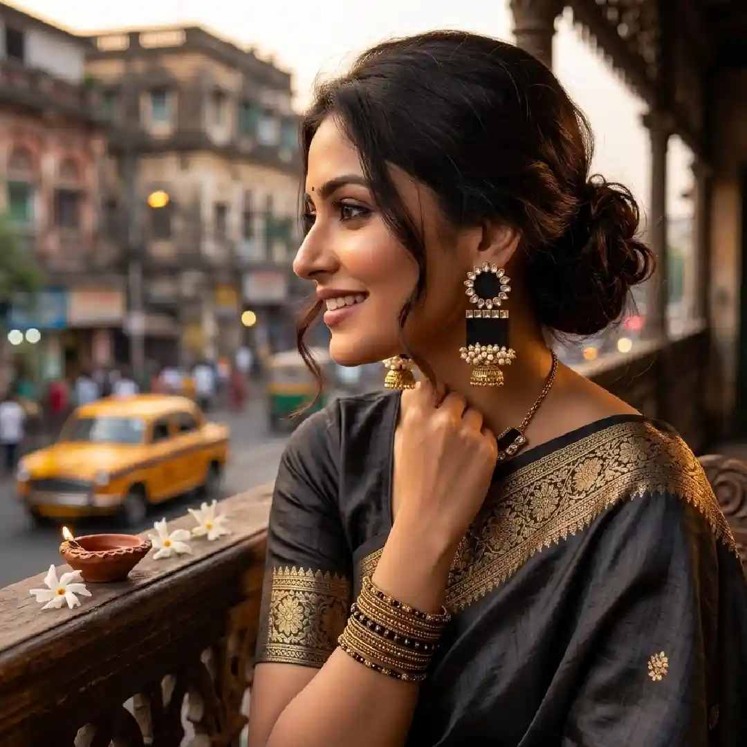 Elegant woman in a black and gold saree wearing handcrafted black fabric jhumka earrings featuring circular Kundan studs and white pearl clusters.