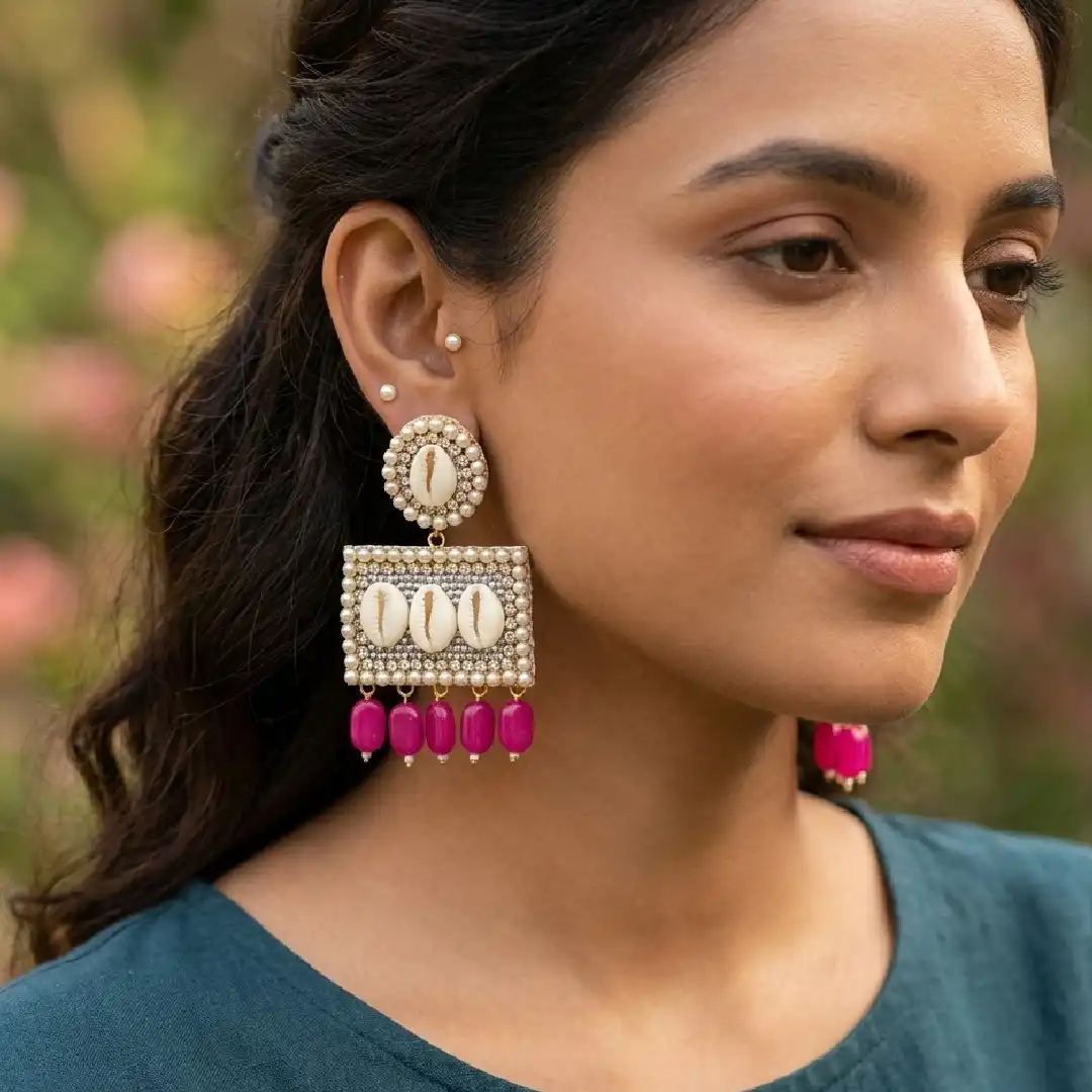 A model showcasing the large handcrafted cowrie shell and pearl statement earrings with magenta bead drops from Itsy Bitsy Kolkata, styled with an elegant ethnic outfit.