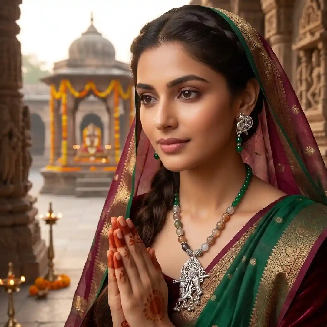  A model gracefully wearing a handcrafted oxidized silver Radha Krishna flute pendant necklace and peacock earrings, styled with a traditional saree against a serene, sacred temple courtyard background.