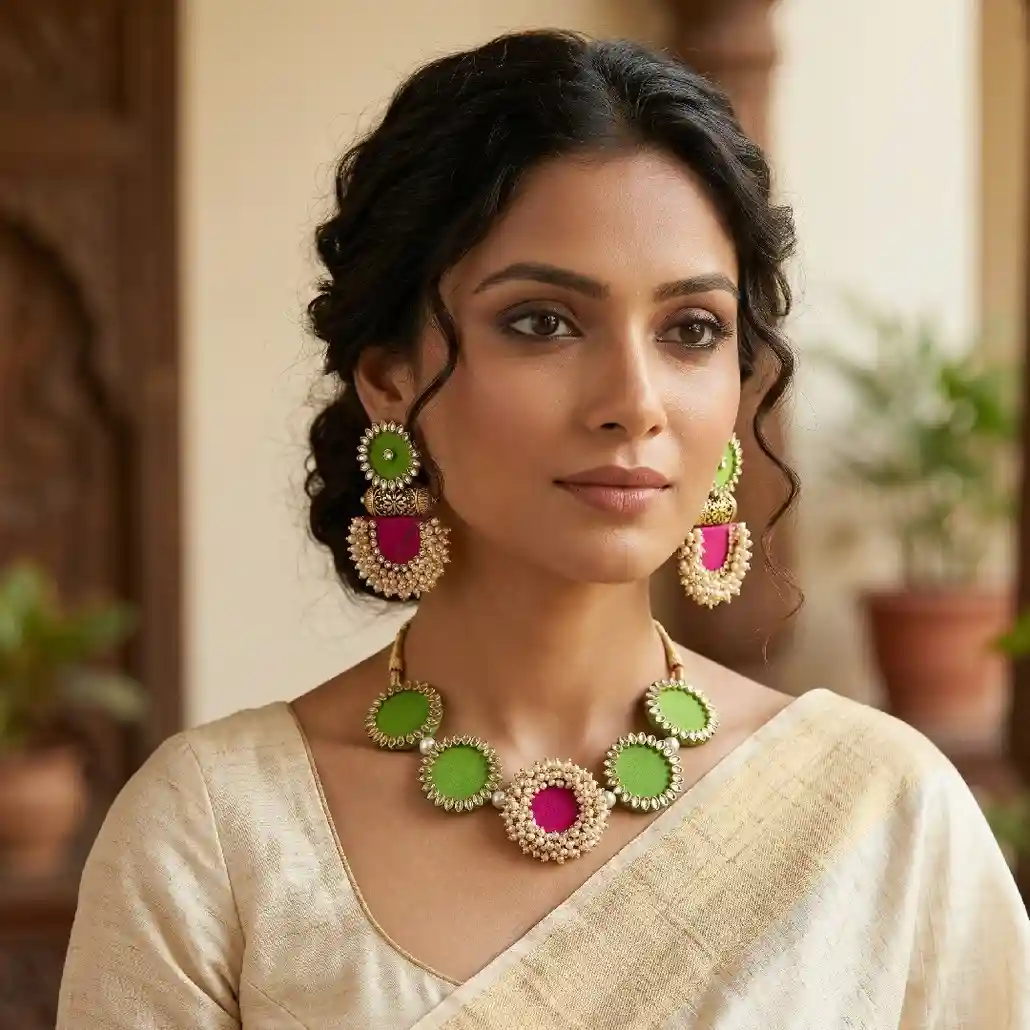 Model showcasing a handcrafted parrot green and rani pink fabric choker with kundan work and seed pearl clusters from Itsy Bitsy Kolkata, styled with a classic cream silk saree.