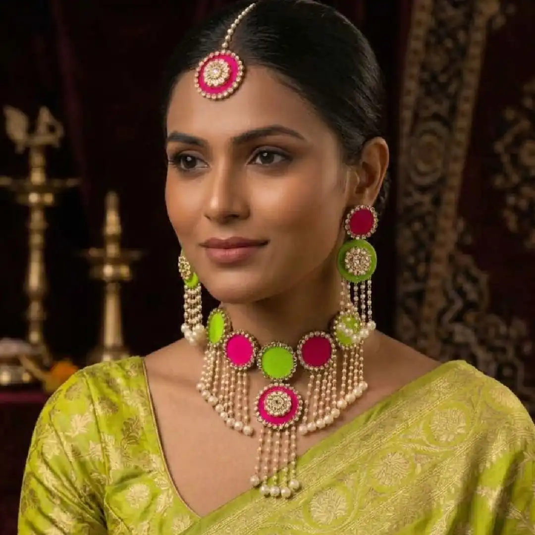 Lifestyle model shot for Itsy Bitsy Kolkata featuring a woman wearing a handcrafted pink and lime green fabric jewelry set, with her hand removed from her shoulder for a cleaner aesthetic.