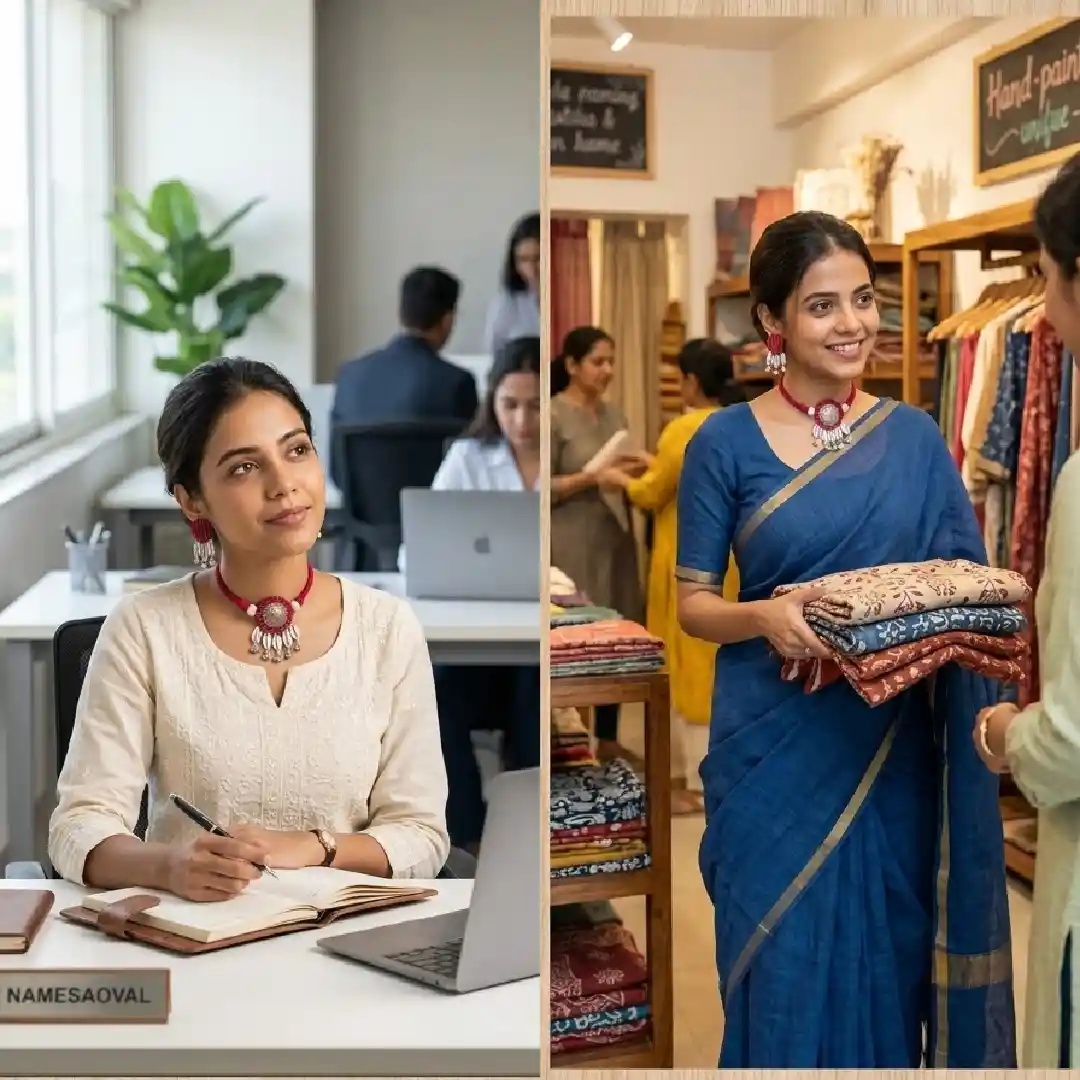 A lifestyle collage showing a model wearing a handcrafted rani pink fabric choker and earrings from Itsy Bitzy Kolkata, styled with a white chikankari kurta for the office and a blue silk saree for an evening out.