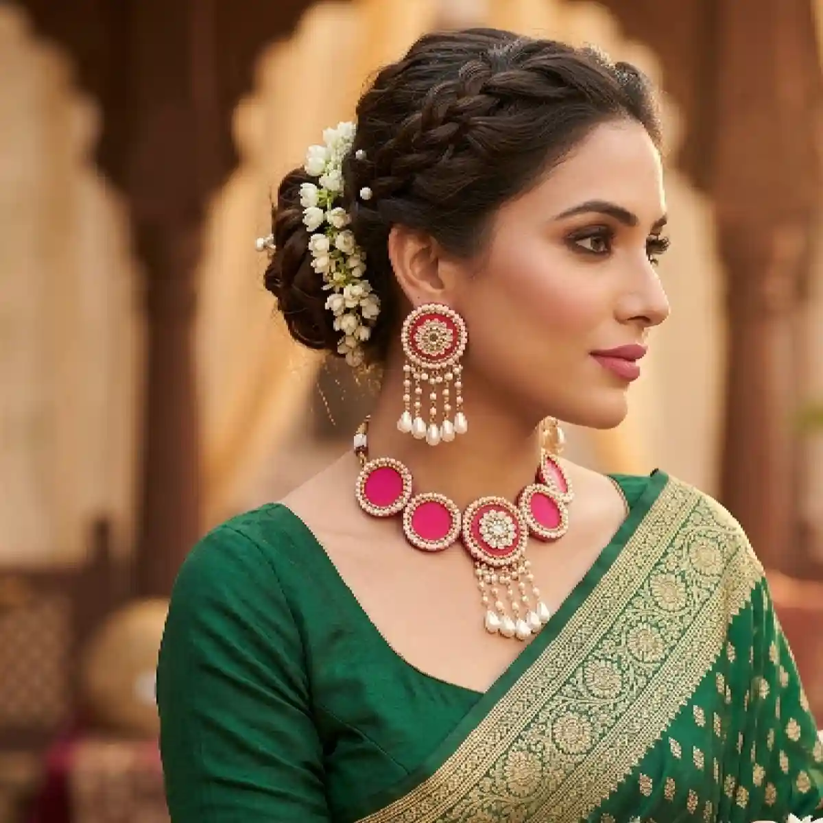 A lifestyle model photograph of a bride wearing a Rani pink Gota Patti jewellery set with tiered pearl drops, including a choker, maang tikka, earrings, and haathphool, styled with a traditional yellow lehenga for a Haldi ceremony.
