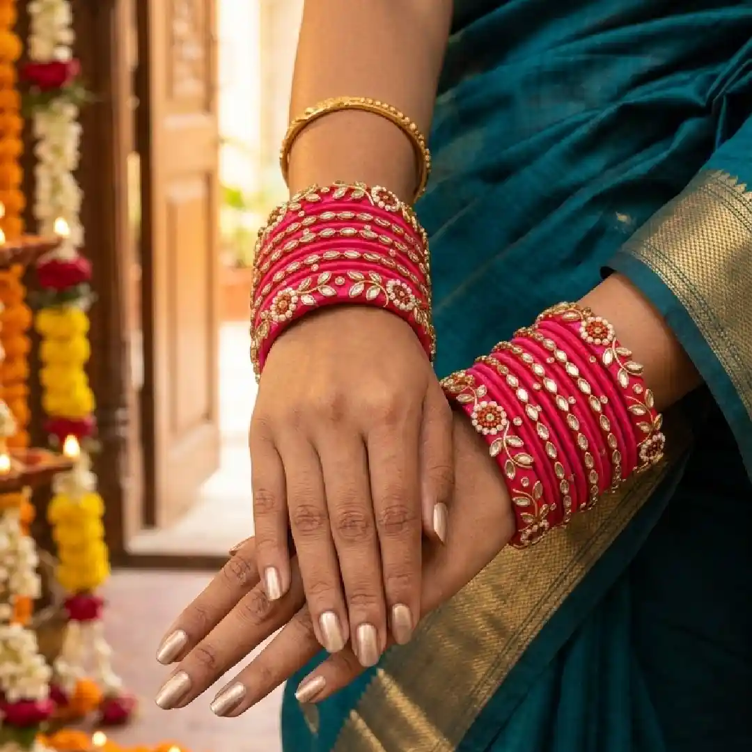 Close-up of a model's hands wearing a handcrafted rani pink silk thread bangle set with kundan floral work from Itsy Bitsy Kolkata, elegantly paired with a teal blue silk saree in a festive setting.