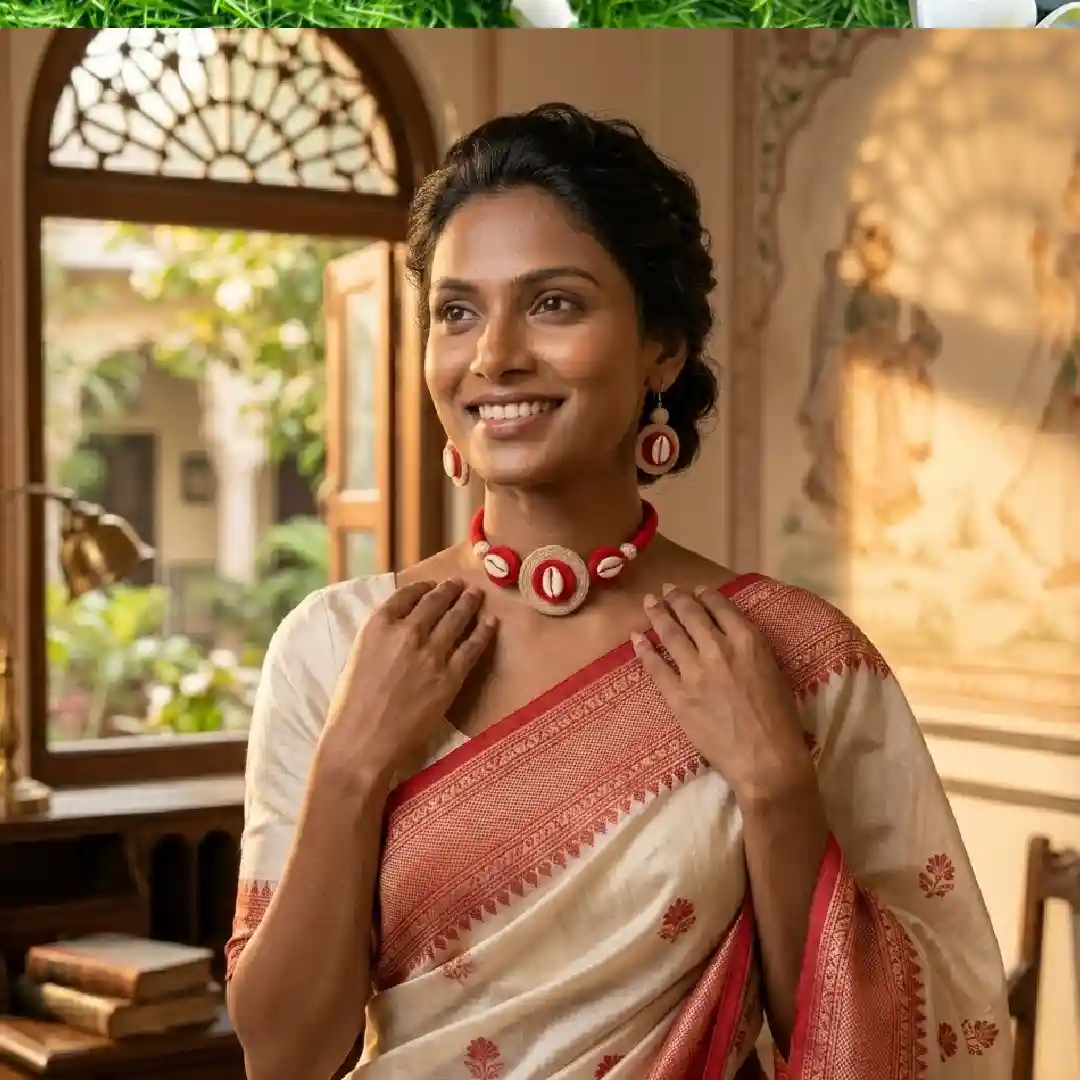 A woman wearing an off-white and red silk saree paired with a handcrafted red terracotta choker necklace and matching earrings in a warm, traditional interior setting.