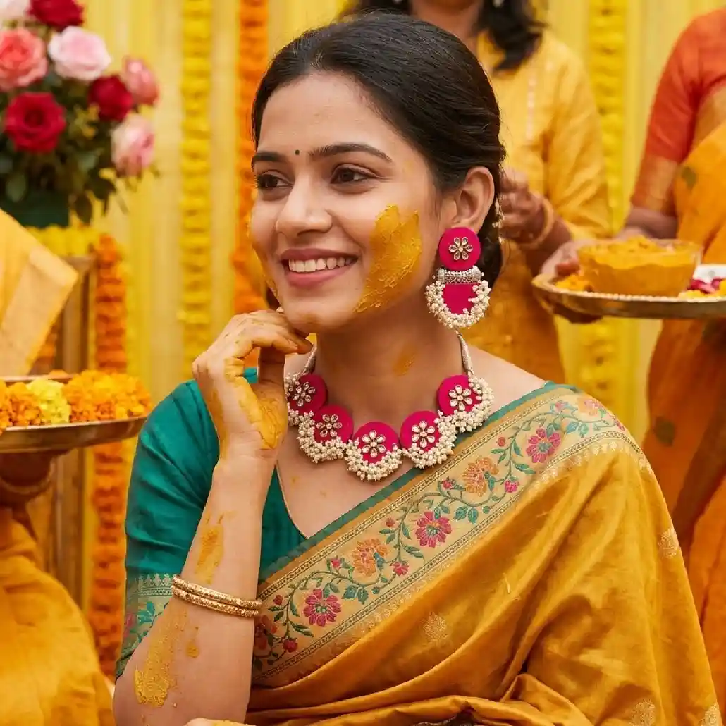 A model elegantly styled for a Haldi ceremony in a mustard and green saree, showcasing the handcrafted rani pink fabric choker and matching pearl earrings from Itsy Bitsy Kolkata.