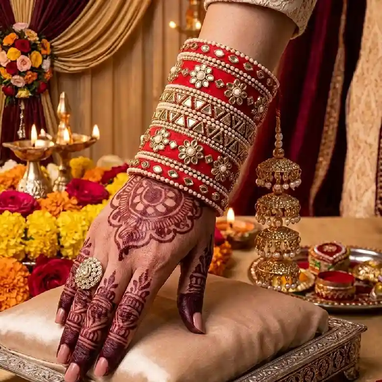 A bride wearing a handcrafted red silk thread Rajwadi bangle stack with gold Kundan floral motifs and pearl borders, set against a luxurious red and gold bridal background.