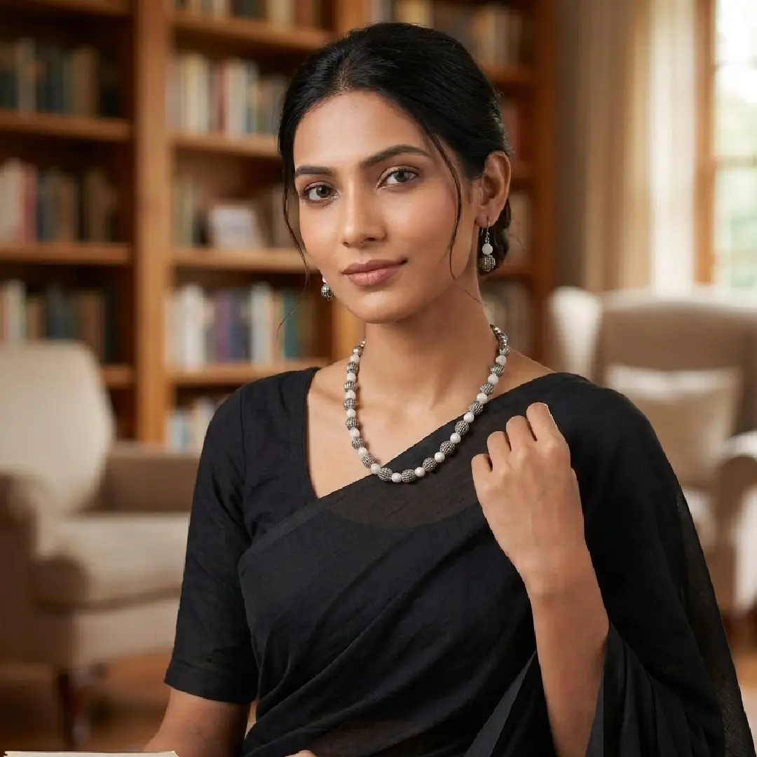 Lifestyle model shot for itsybitsykolkata.com featuring a woman in a plain, solid black saree (no borders) wearing a handcrafted white onyx and oxidized silver beaded necklace and matching earrings in a natural home library setting.