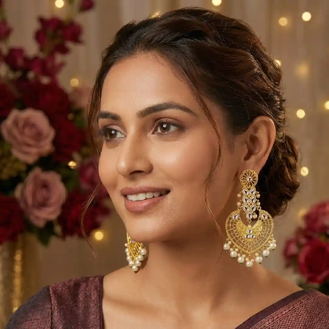 A portrait of a smiling woman with styled hair wearing intricate gold filigree earrings featuring white stones and dangling pearls, set against a blurred background of red and pink roses and warm bokeh lights.