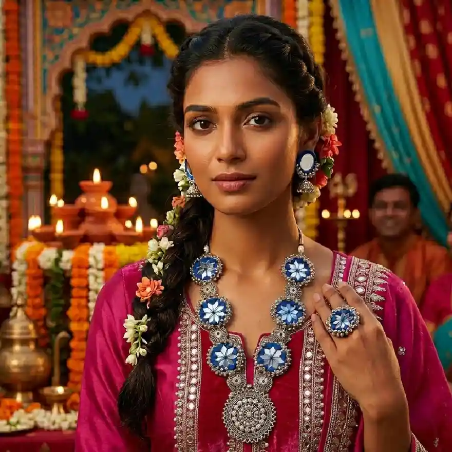 A portrait of a woman wearing an intricate kundan choker set with a central ruby and matching stud earrings, dressed in a maroon and gold embroidered outfit.