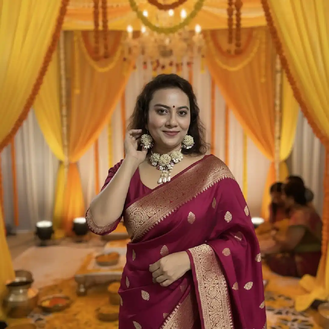 handcrafted multicolour bridal bead work dangler earrings featuring pink polen and matching floral choker necklace, paired with silk saree against a soft festive bokeh background.