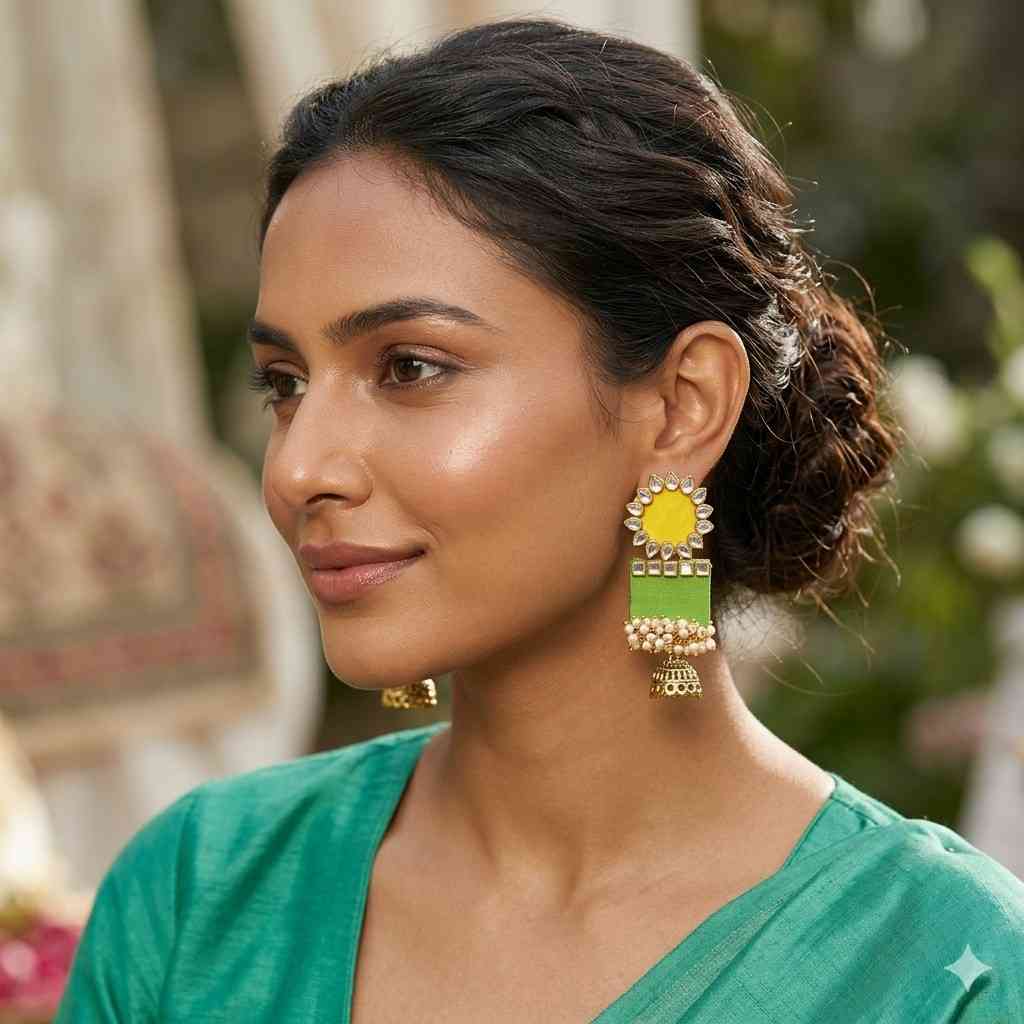 A beautiful woman in a green saree wearing handcrafted parrot green and yellow fabric jhumka earrings with Kundan work and pearls.