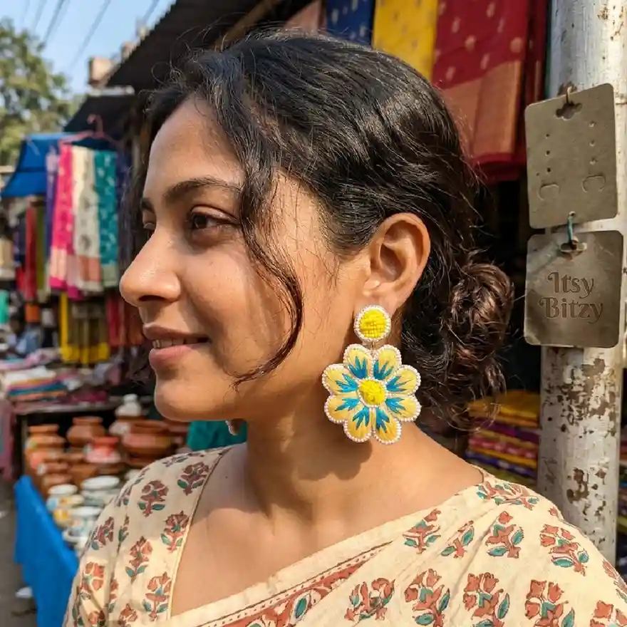 Lifestyle shot of a model wearing handcrafted yellow and blue beaded floral earrings from Itsy Bitsy Kolkata, styled with a traditional white cotton saree in a bright, sunlit indoor setting.