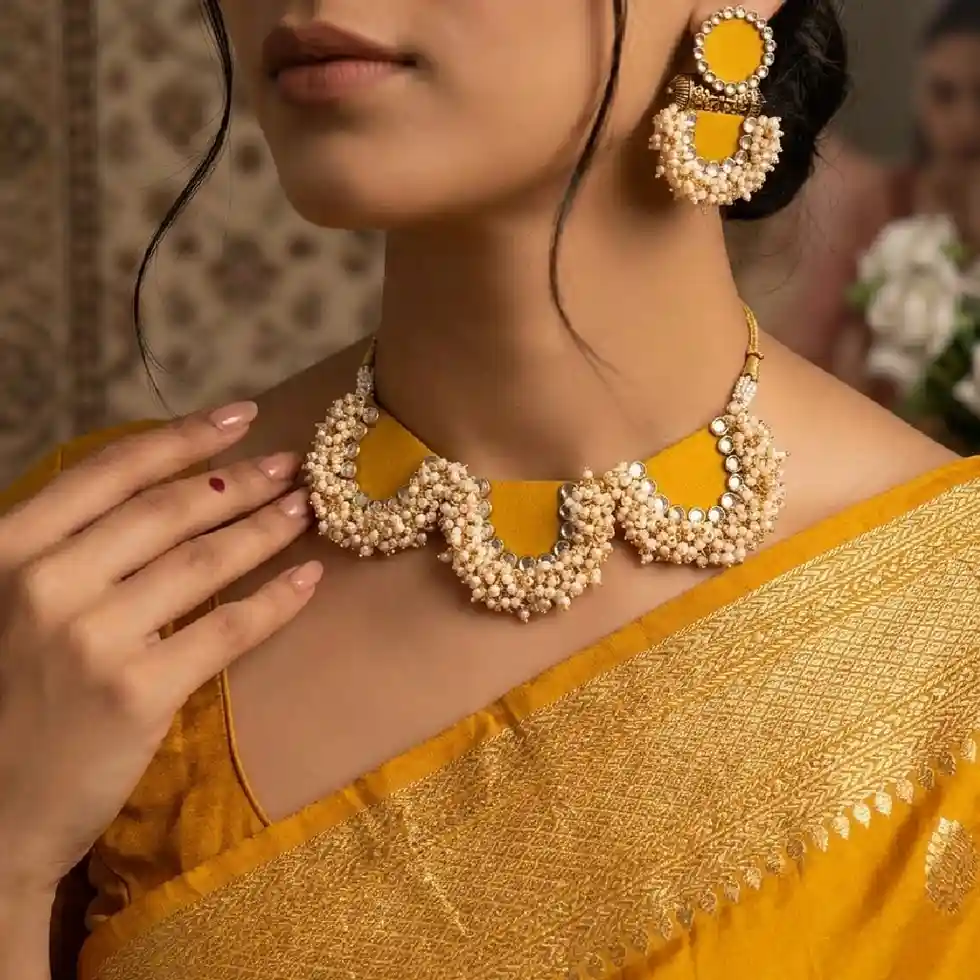 Lifestyle shot of a model wearing a handcrafted yellow fabric choker with kundan and pearls by Itsy Bitzy Kolkata, styled with a traditional silk saree for a festive Haldi look.