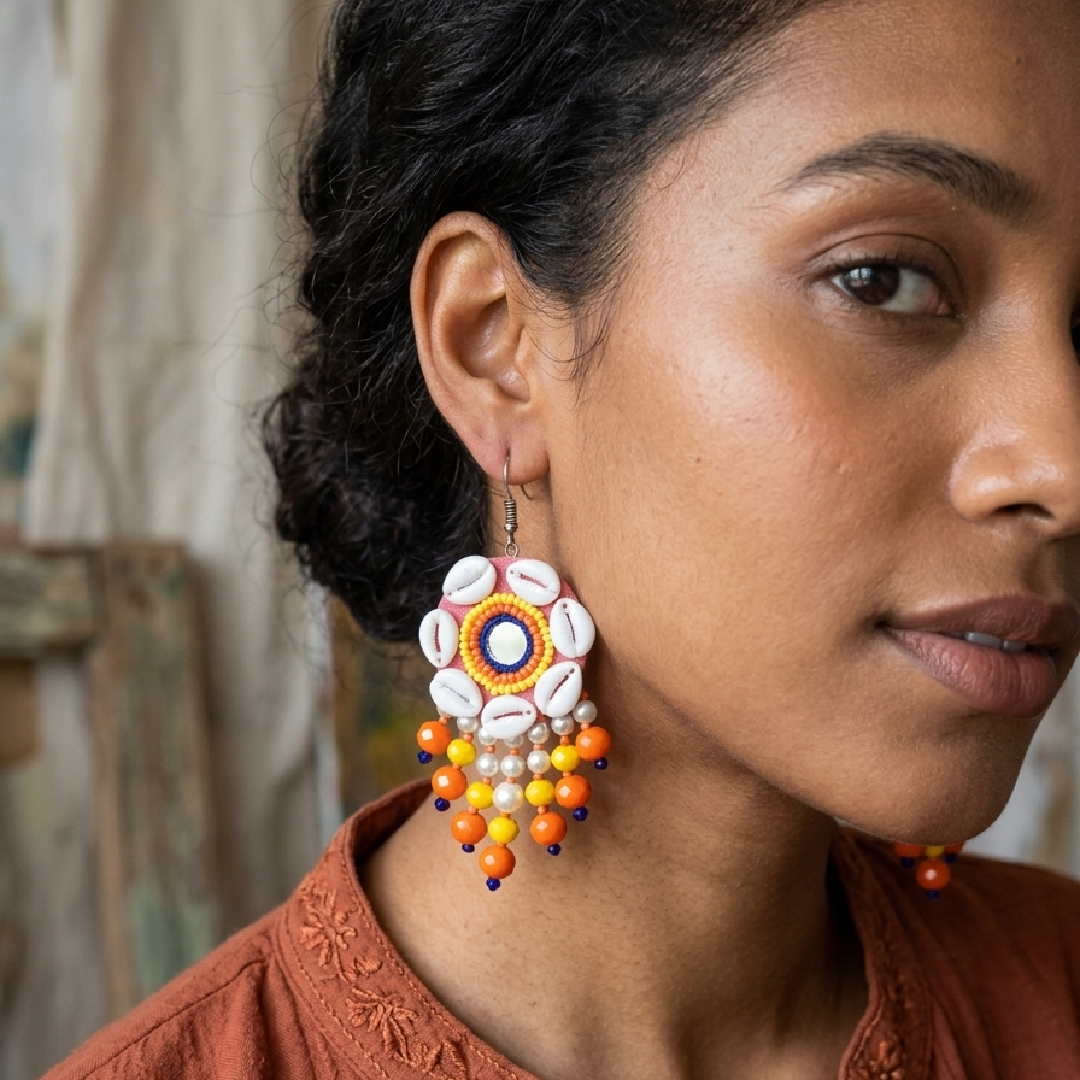 Close-up portrait of a model wearing colorful handmade bohemian statement earrings decorated with cowrie shells, central mirror work, and orange, yellow, and white beaded drops.